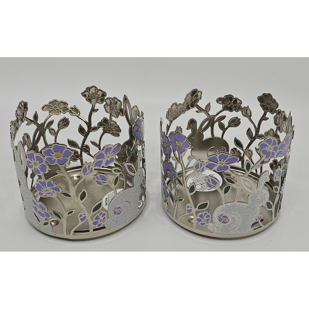 Bath & Body Works Easter Bunny Flower 3 Wick Candle Holder Set Silver Purple 2pc